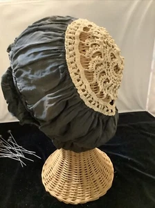 969🌟Antique 1850s Vintage Black Fine Batiste & Crochet Lace Sleeping Cap Bonnet - Picture 1 of 9