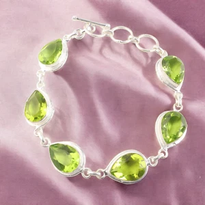 Natural Peridot Gemstone Jewelry 925 Sterling Silver Chain Bracelet For Women - Picture 1 of 6