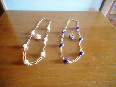 Avon Faux Pearl & Blue Bead  Necklaces (2) With Interchangeable Earrings - Image 1 of 4