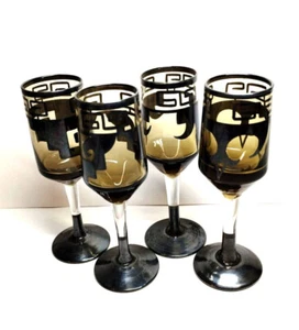 Vintage Cordial Liquer Stem Glass Set Silver Rim Base Peruvian Aztec Unique - Picture 1 of 11