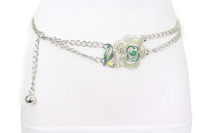 Women Silver Metal Chain Wedding Bridal Belt Hip Waist Green Flower Charm XS S M - Image 1 of 4