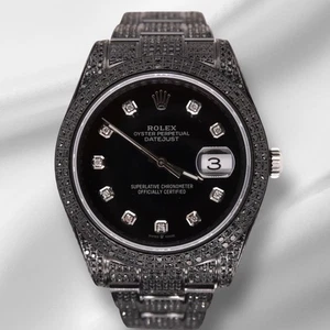 Rolex Herren Datejust 41mm Black Iced Out 10ct Diamanten Oyster Stahl Uhr 116300 - Bild 1 von 9