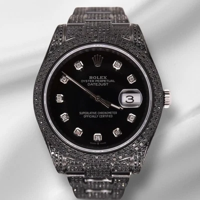 Rolex Men's Datejust 41mm Black Iced Out 10ct Diamonds Oyster Steel Watch 116300 - Image 1 of 4