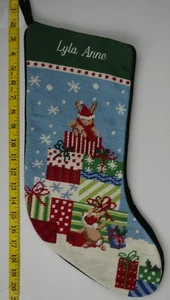 LANDS END Bunnies Presents Needlepoint Christmas Stocking Monogrammed LYLA ANNE - Picture 1 of 4