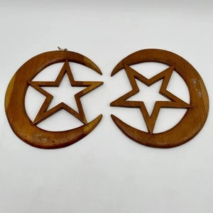 Vintage Wood Carved Celestial Star Moon Wall Decor 12" Craft Project - Picture 1 of 13