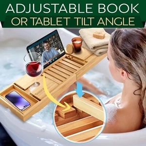 SereneLife Natural Bamboo Bathtub Caddy Shower Tray w/ Adjustable Bed Breakfast - Picture 1 of 7