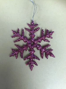 Pink ICED HANGING CHRISTMAS SNOWFLAKE ORNAMENT WITH Pink GLITTER 5” X 5 & 3/4”. - Picture 1 of 4