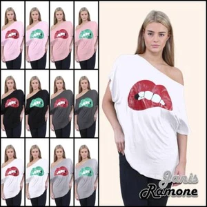 Schulterfreies Damen-T-Shirt Glitzer Lippen Druck Oberteil Fledermausärmel Bardot Baggy - Bild 1 von 60
