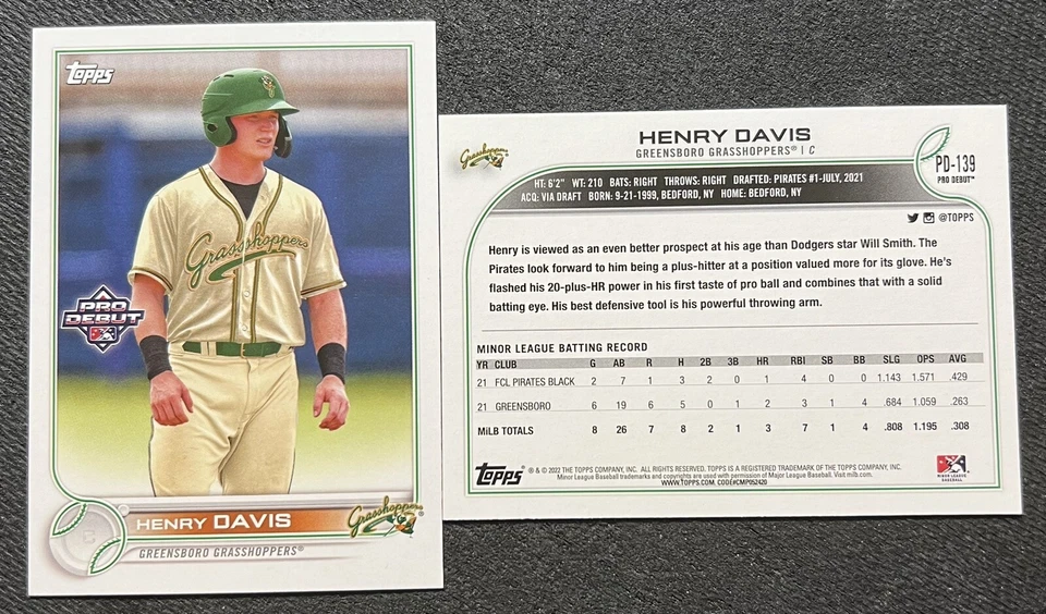 2022 TOPPS PRO DEBUT HENRY DAVIS GREENSBORO GRASSHOPPERS (PIRATES) #PD-139 MT - Image 1 of 1