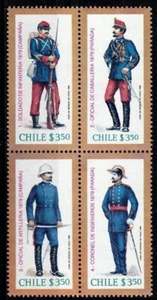 Chile 1980 Michel 942 - Bloque 945 Guerra del Pacífico - Uniformes del Ejército de Chile Estampillada sin montar o nunca montada - Imagen 1 de 1