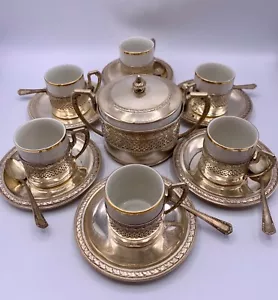 STERLINGSILBER & PORZELLAN 6 KAFFEETASSEN MIT WURSTELN & ZUCKERSCHALE & LÖFFELN - Bild 1 von 24