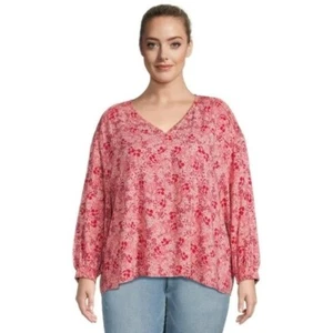 Terra & Sky Blouse Pink Floral Henley Long Sleeve Womens Plus Size 1X - Picture 1 of 6
