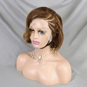 Short Braid 4/30 Brown Straight Wig 100% Human Hair Wig 13x4 Lace Front Wig Soft - Picture 1 of 12