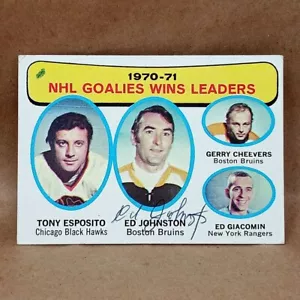 1971-72 Topps #4 Ed Johnston Autografo FIRMATO NHL Goalies Wins Leaders Card - Foto 1 di 3