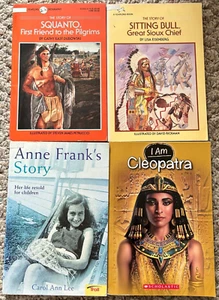 LOT 4 BIOGRAPHY SET BOOKS SQUANTO SITTING BULL ANNE FRANK CLEOPATRA - Picture 1 of 3