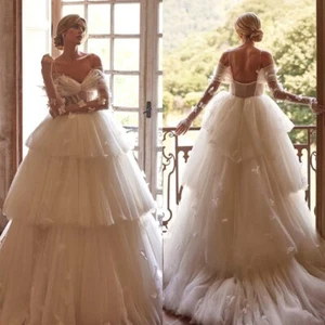 V Neck Wedding Dresses Layered Ruffles Applique Lace Train 3/4 Sleeve Ball Gown - Picture 1 of 23