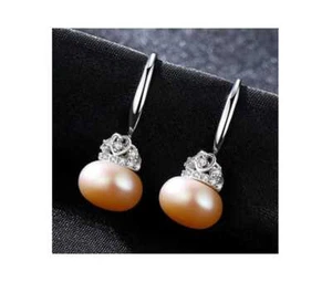 Pink Freshwater Pearl & CZ Cubic Zirconia 925 Earrings Sterling Silver Jewelry - Picture 1 of 3