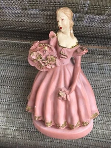 Antique  Chalk Ware  Figurine French Woman 9” T 7” W Pink & Gold - Picture 1 of 7
