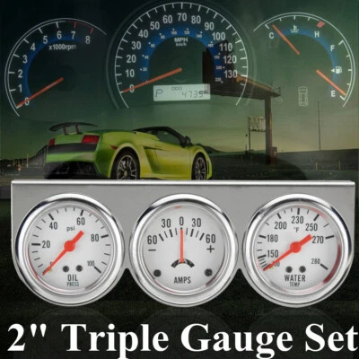 2'' Chrome Triple Gauge Set Gauges Kit Volt Water Oil Pressure  Universal - Image 1 of 4