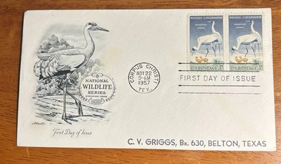 U.S. WILDLIFE CONSERVATION 1957 WHOOPING CRANES 2 FD CITIES NSA AND NTA SC#1078 - Image 1 of 4