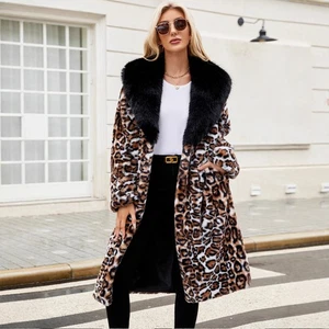 Retro Womens Leopard Print Lapel Faux Fur Coat Long Knee Length Overcoats Winter - Picture 1 of 15