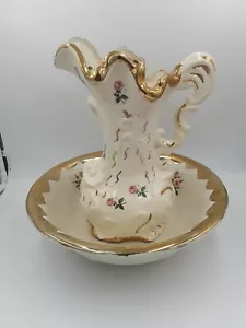 Vintage Waschbecken Schale und Blumenkrug cremeweiß mit Goldrand und Rosen - Bild 1 von 9