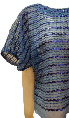 Blusa Top Azul Lentejuelas Vintage Transparente Glamour Años 70 80 FIESTA NYE Estilo Túnica HECHA A MANO Foto 1 de 4