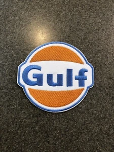 Retro Gulf Oil Automotive arancione toppa bordo blu ricamato ferro su ferro VENDITORE USA - Foto 1 di 4