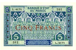Morocco ... P-9 ... 5 Francs ... ND(1924) ... Choice*AU+*. - Picture 1 of 2