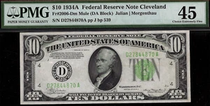 1934A $10 FRN Cleveland Mule PMG 45 crazy rare total 10 known Fr 2006-Dm - Picture 1 of 4