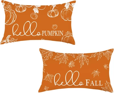 Fall Throw Pillow Covers 12X20 Set of 2 Farmhouse Hello Fall Pumpkin Maple Leave - Image 1 of 4
