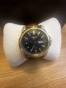 Brand New Mens Seiko Solar 100M | Mixed Silver/Gold Dial & Brown Leather Band - Picture 1 of 2