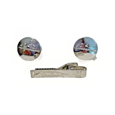 Juego de gemelos y clips de corbata de plata esterlina Marvel vintage grabados en los años 60 MCM Foto 1 de 4