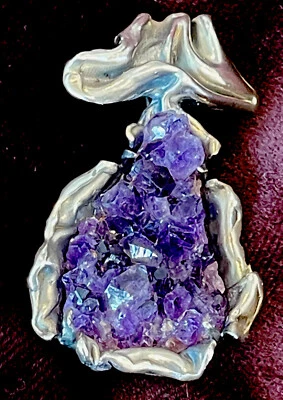 Artisan Hand Cast Sterling Silver Uncut Amethyst Free Form Pendant 925 - Image 1 of 4