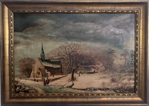 Antique Dutch Style Signed Oil Painting on Board – Winter Landscape Genre Scene - Picture 1 of 10