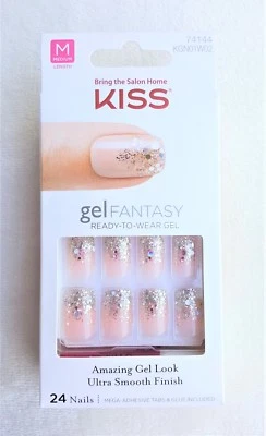 KISS Gel Fantasy 24 Uñas Gel FANTASIFUL #74144 Desnudo+Plata Brillante Confeti/Brillo Foto 1 de 4