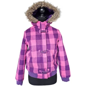 Girls Pink/Purple Plaid Fur Lined Hooded Winter Jacket, Size L - Picture 1 of 19