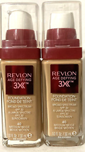 2 Revlon Age Defying 3X Foundation Makeup #40 Medium Beige SPF 20 Lot of 2