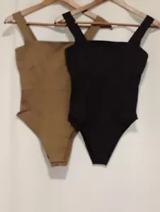OQQ Women's 2 Piece Bodysuits Sexy One Piece Sleeveless Black/Tea Leaf - Picture 1 of 3