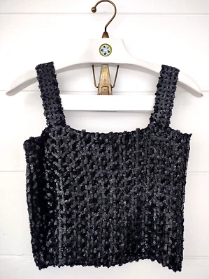 Vtg 1970s Black Sequin Tank Tube Top Formal Crop Shell Sz M Party Bling Stretchy - Image 1 of 4