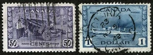 Canada Sc 261 262 Violet and Blue 50¢ and $1  Black Bar and CDS Cancel - Picture 1 of 1