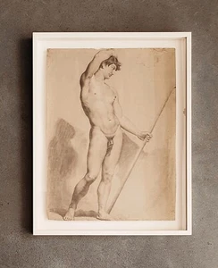 Disegno Accademico di Nudo Maschile | Matita su Carta | Incorniciato | fine '800 - Foto 1 di 4