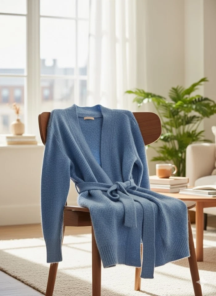 STRANDFEIN Longcardigan Strickjacke Blau Gr. 44 ➤ Rippstrick & Bindegürtel - Bild 1 von 1