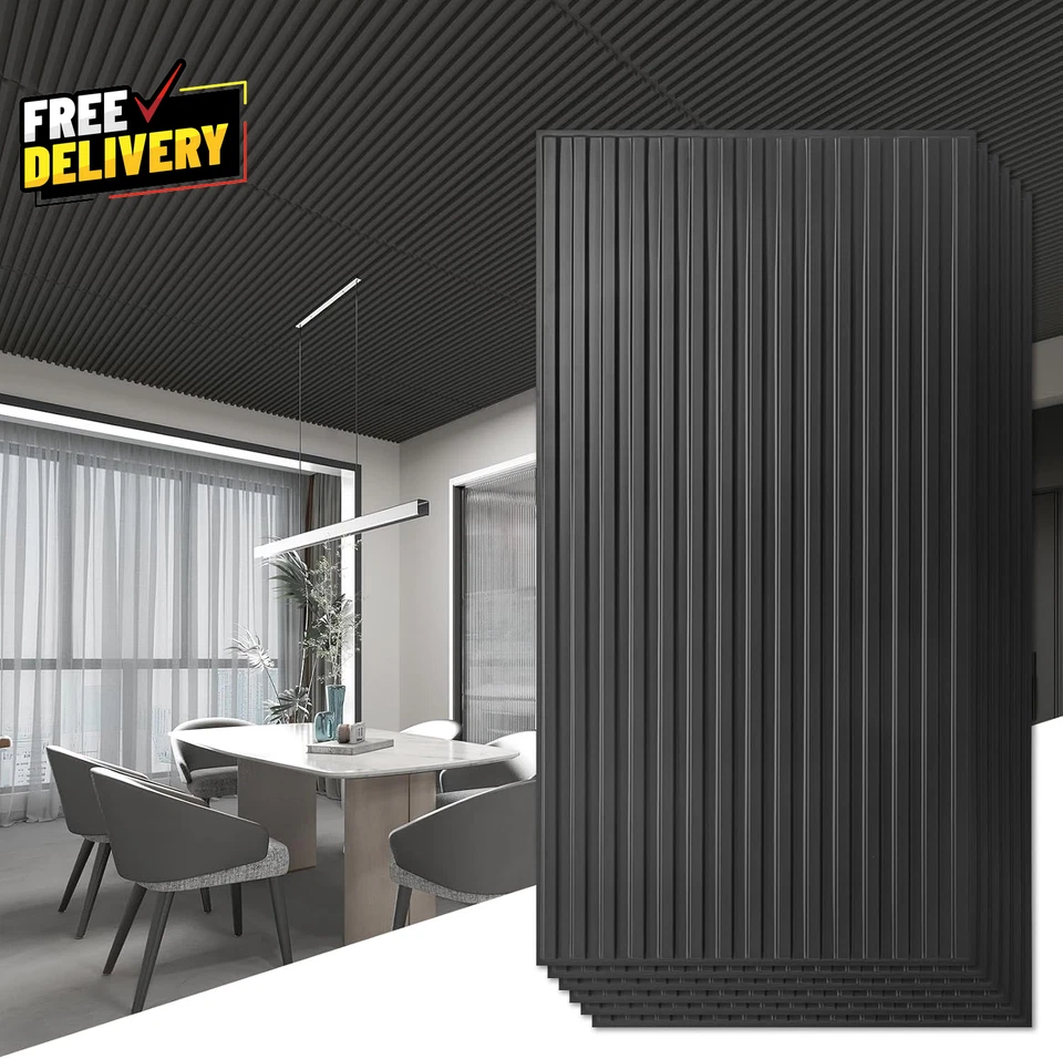 6 Pack 3D Slat Wall Panels 2x4ft PVC Decorative Ceiling Tiles Black - Image 1 of 4