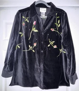 Vintage Quacker Factory Womens Black Velvet Shirt Jacket Embroidered Roses, S - Picture 1 of 3
