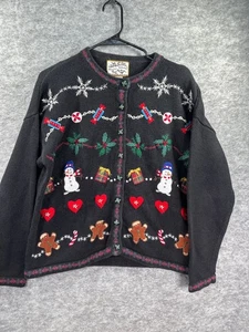 Heirloom Collectible Christmas Cardigan Sweater L Black With Snowman & Gingerbre - Picture 1 of 6