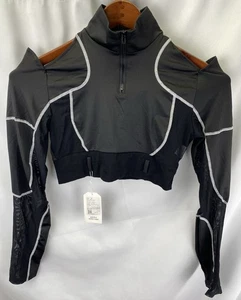 Schwarzes kleines sportliches bauchfreies Damenoberteil Langarm Daumenlöcher offene Schultern - Bild 1 von 11