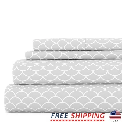 4PC Microfiber Bed Sheet Set Deep Pocket Hypoallergenic Geometric Pattern King - Image 1 of 4