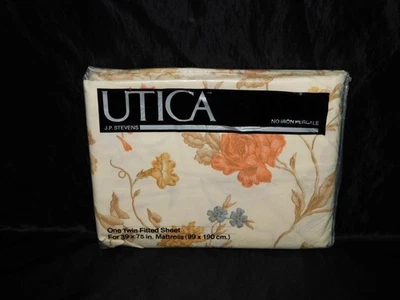 Vintage Utica Brown Orange Floral Twin Fitted Sheet NEW Versailles JP Stevens - Image 1 of 3