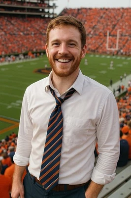 Gravata masculina 100% seda azul marinho e laranja 'Nod To Auburn U' listrada Repp 60x3,5-EUC - Imagem 1 de 4